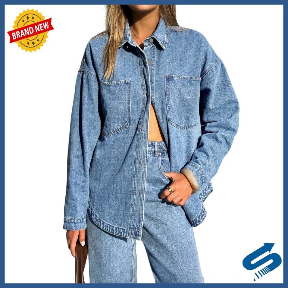 Oversized Denim Shirt Jacket Long Sleeve Button Down Blouse Women's